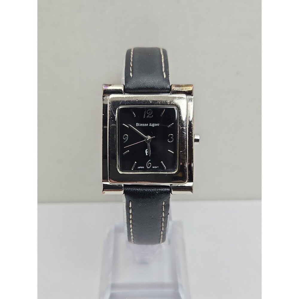 Vintage Etienne Aigner Womens Silver Black Dial Leather Quartz Watch New Battery